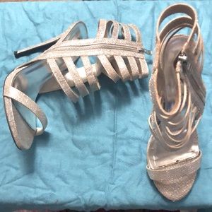 SILVER, SPARKLY, HIGH HEEL, SANDAL sz10. GENTLY WORN